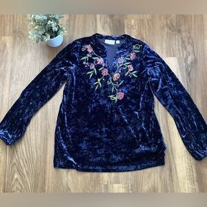 Belle by Kim Gravel Navy Velvet Floral Embroidered Blouse